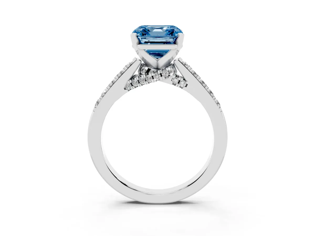 Fancy Blue Asscher Cut Diamond Solitaire Ring with Crossover Gallery and Round Pavé Band Platinum