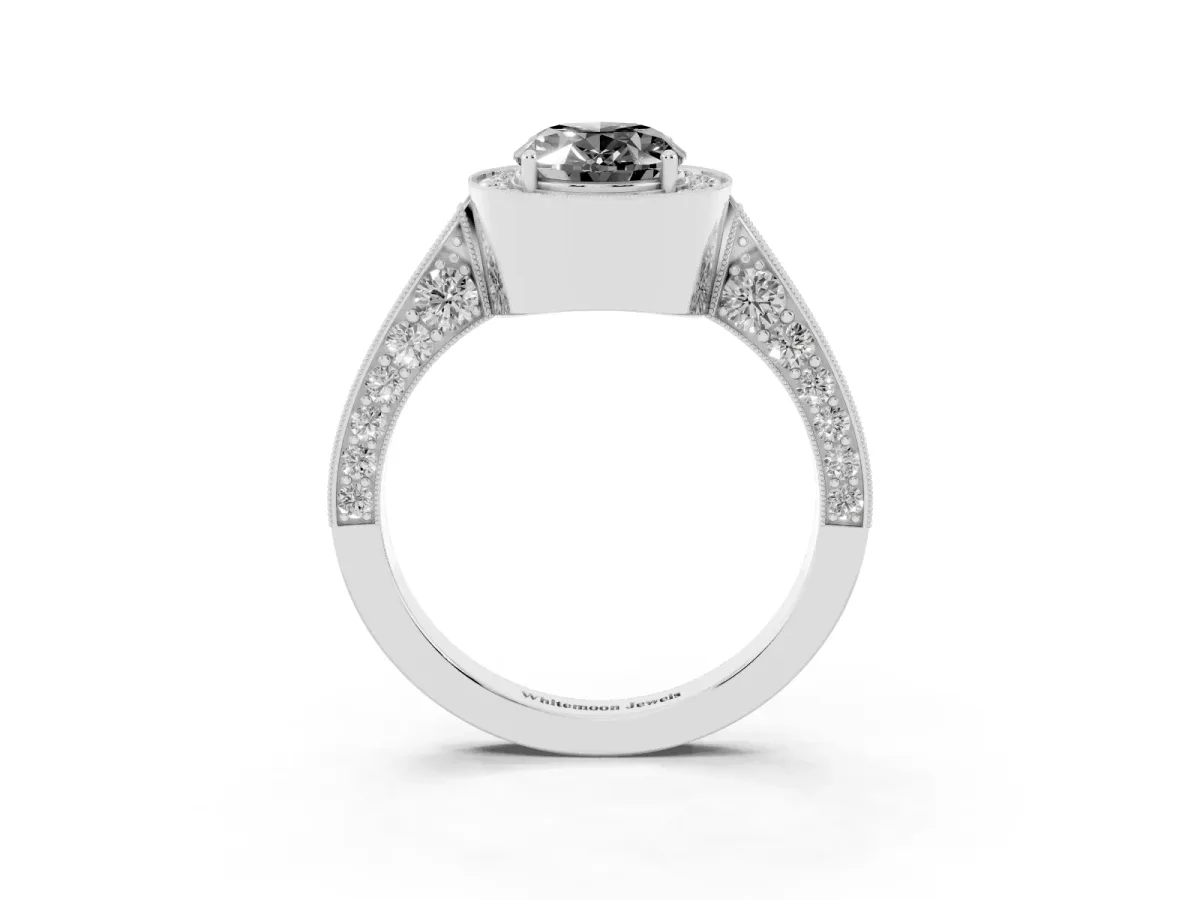 Fancy Black Oval Cut Halo Diamond Engagement Ring with Split Shank Band and Four-Prong Setting Silver