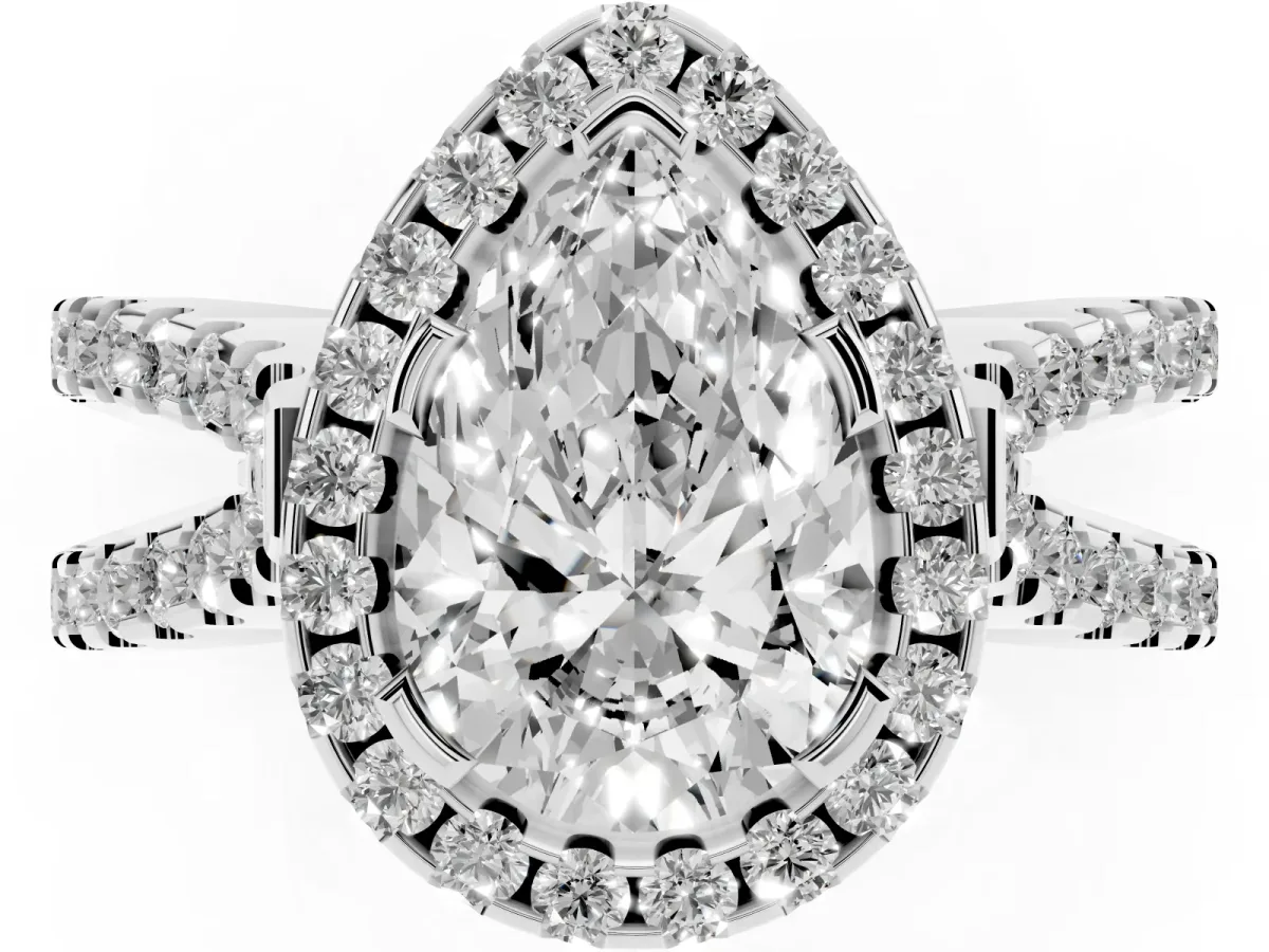 Pear Cut Diamond Halo Ring with Split Shank Pavé Band and Prong Setting Silver