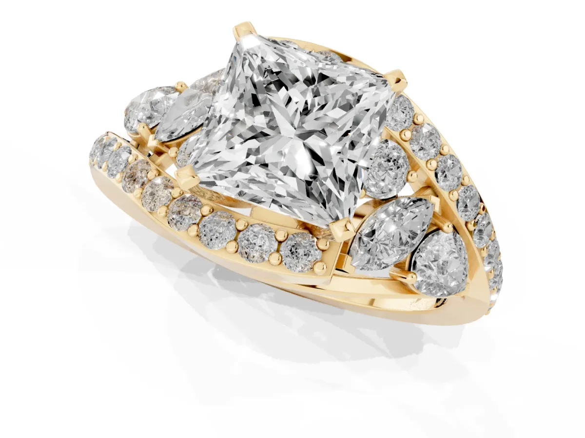 Princess Cut Diamond Halo Ring with Marquise and Pavé Band in Prong Setting Yellow gold