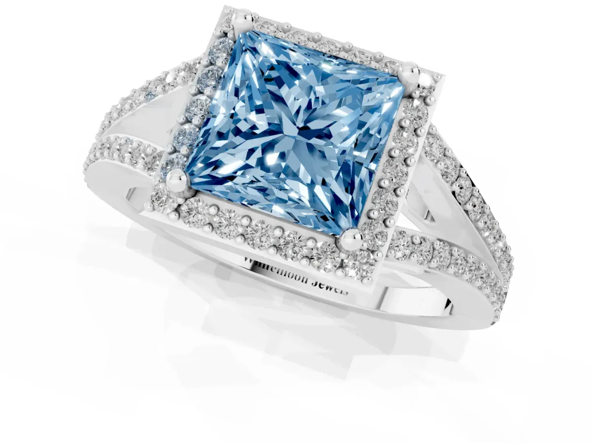 Fancy Blue Princess Cut Halo Split Shank Pave Diamond Ring with Four-Prong Setting Silver