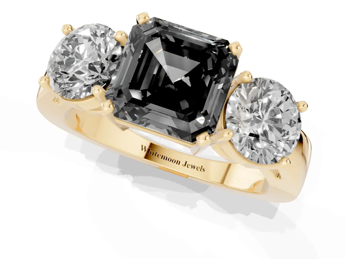 Fancy Black Three-Stone Asscher Cut Diamond Ring with Round Side Stones, Classic Band, and Four-Prong Setting Yellow gold