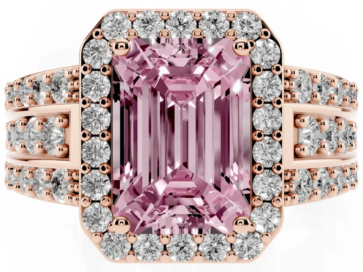 Fancy Pink Emerald Cut Halo Diamond Ring with Round Split Shank and Prong Setting Rose gold