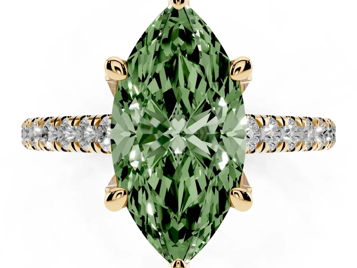 Fancy Green Marquise Cut Brilliant Diamond Solitaire with Pavé Band and Four-Prong Setting Yellow gold