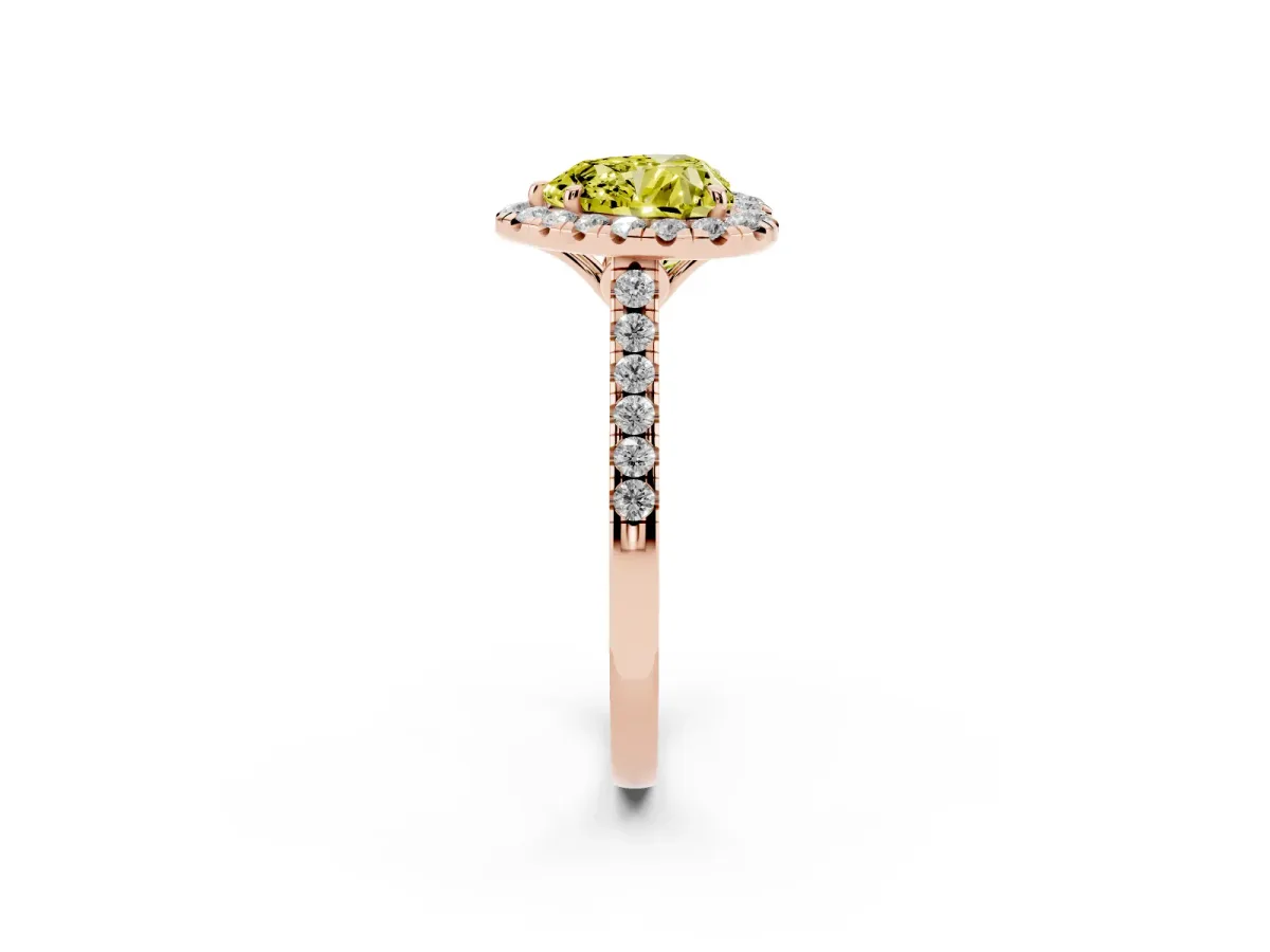 Fancy Yellow Heart Cut Halo Pavé Diamond Engagement Ring with Four-Prong Setting Rose gold