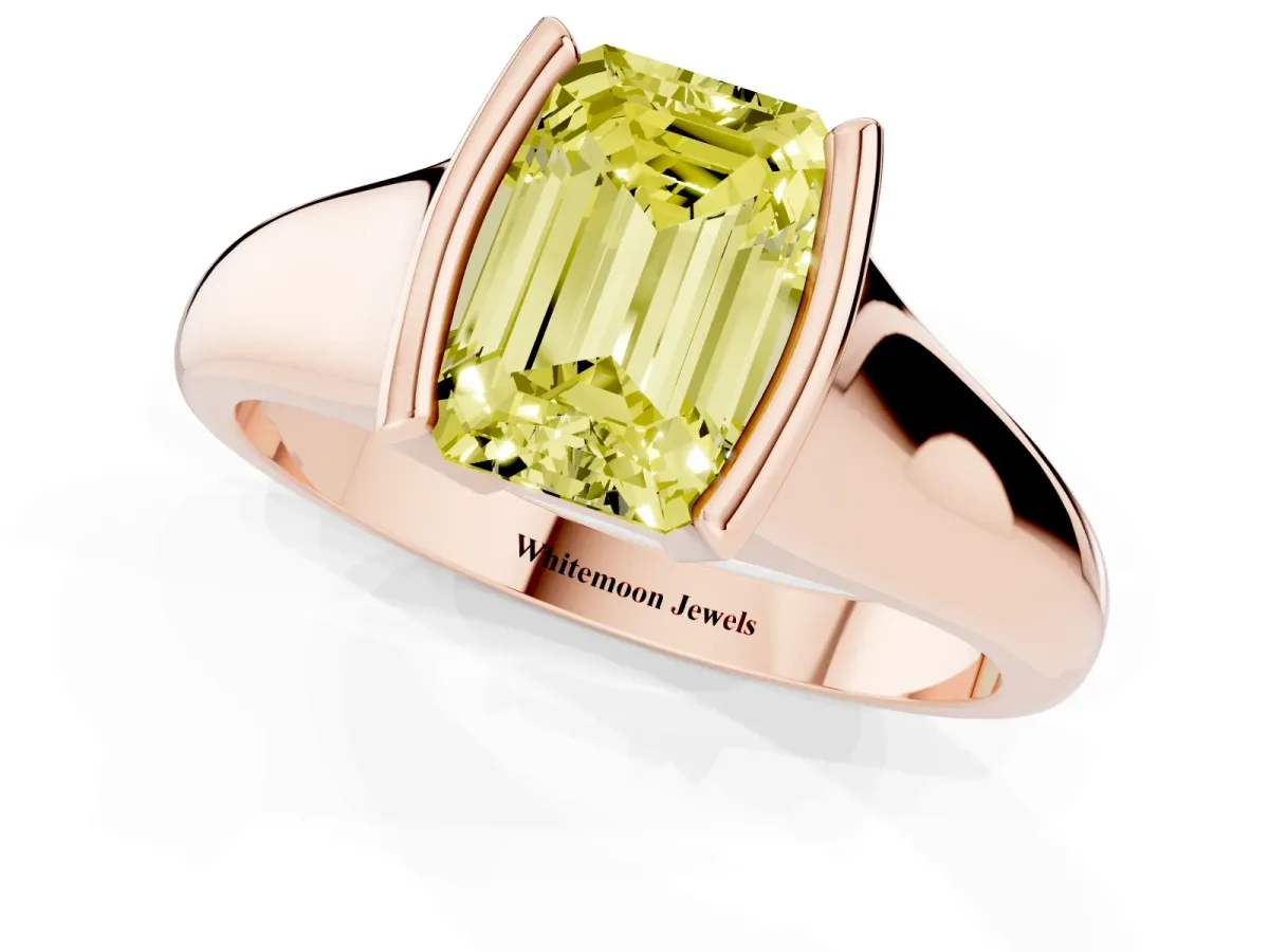 Fancy Yellow Emerald Cut Solitaire Tension Set Diamond Ring with Split Shank Band Rose gold