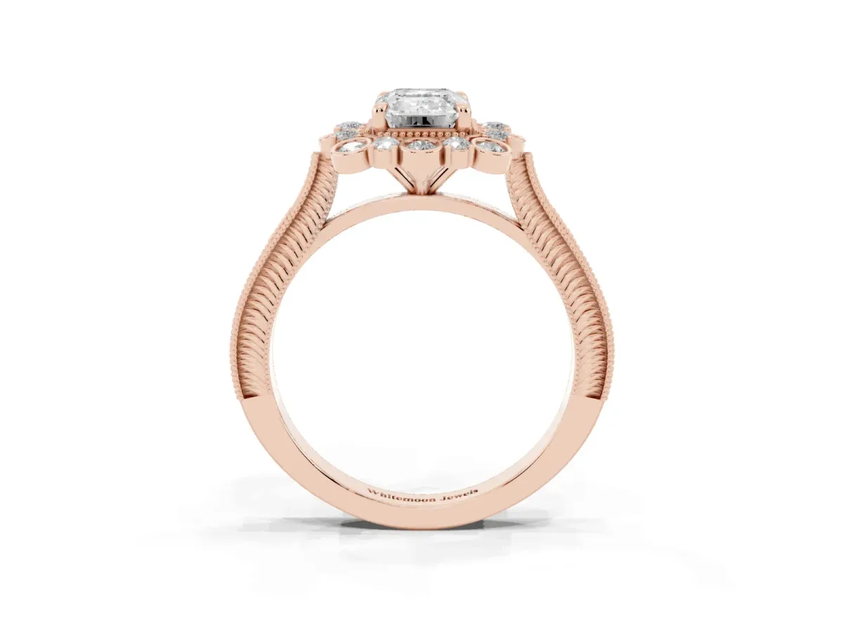 Emerald Cut Halo Milgrain Pave Diamond Ring with Four-Prong Setting Rose gold
