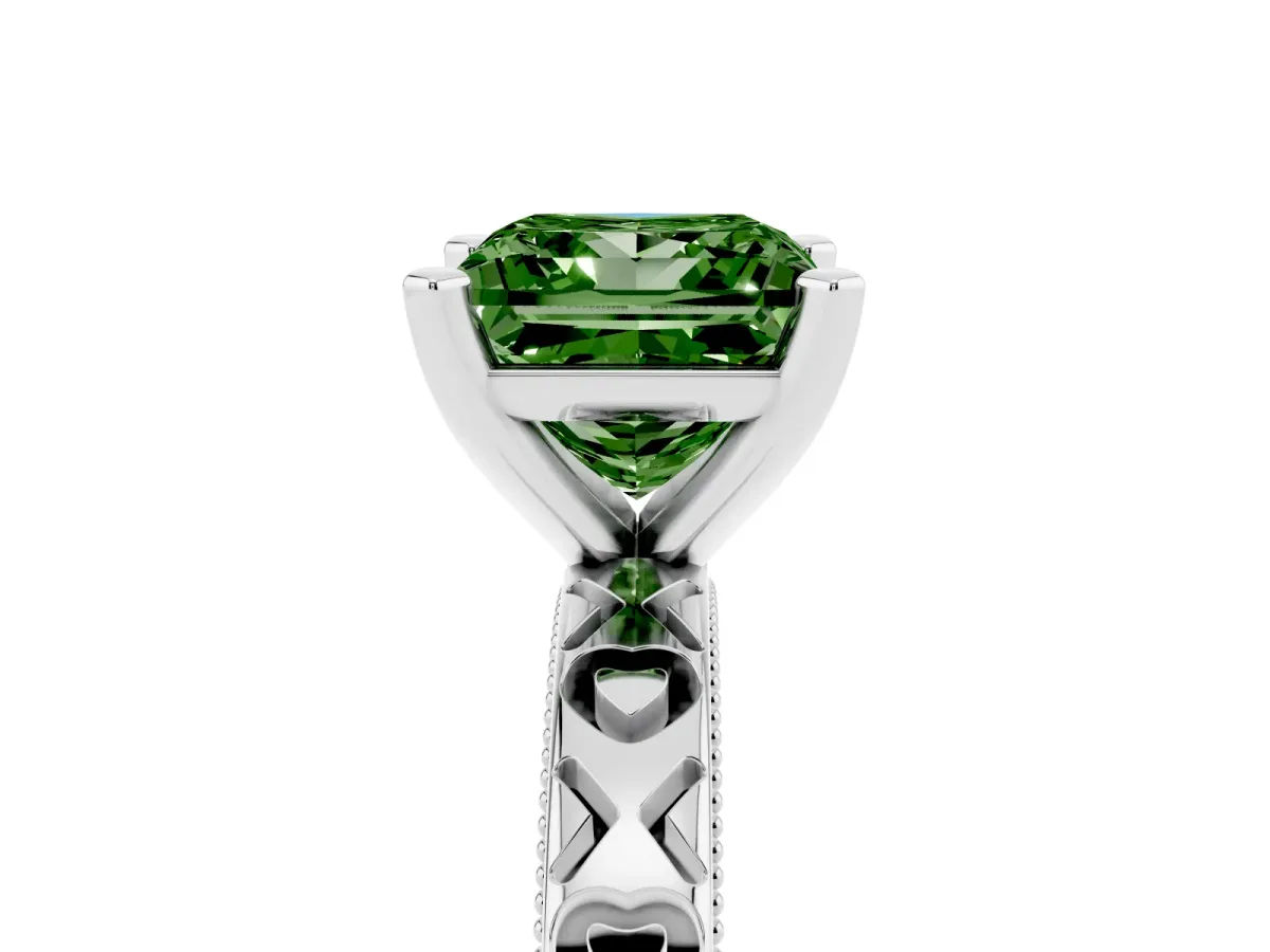 Fancy Green Princess Cut Solitaire Diamond Engagement Ring with XO Engraved Band and Four-Prong Setting Silver