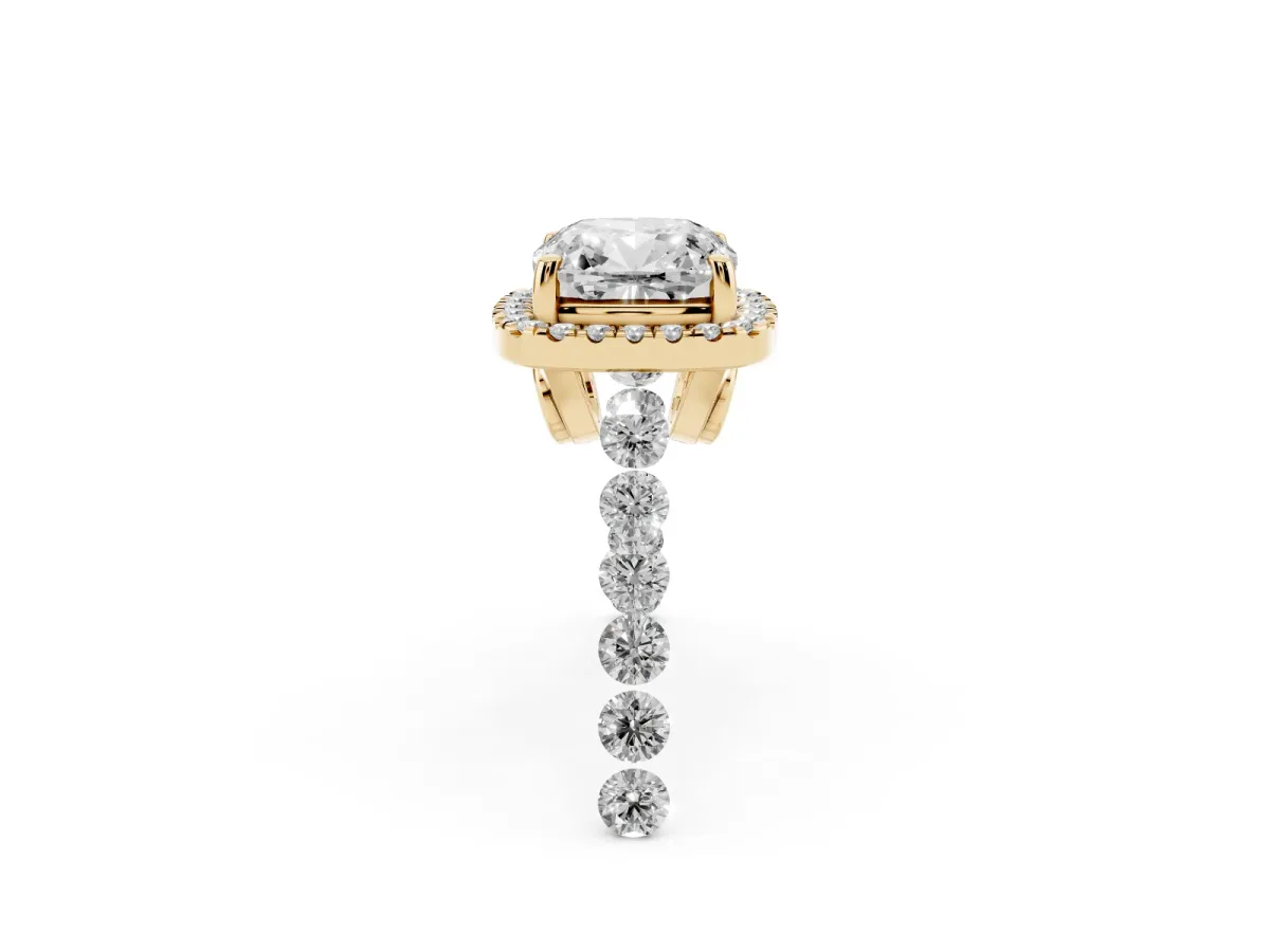 Cushion Cut Halo Pavé Diamond Engagement Ring with Four-Prong Setting Yellow gold