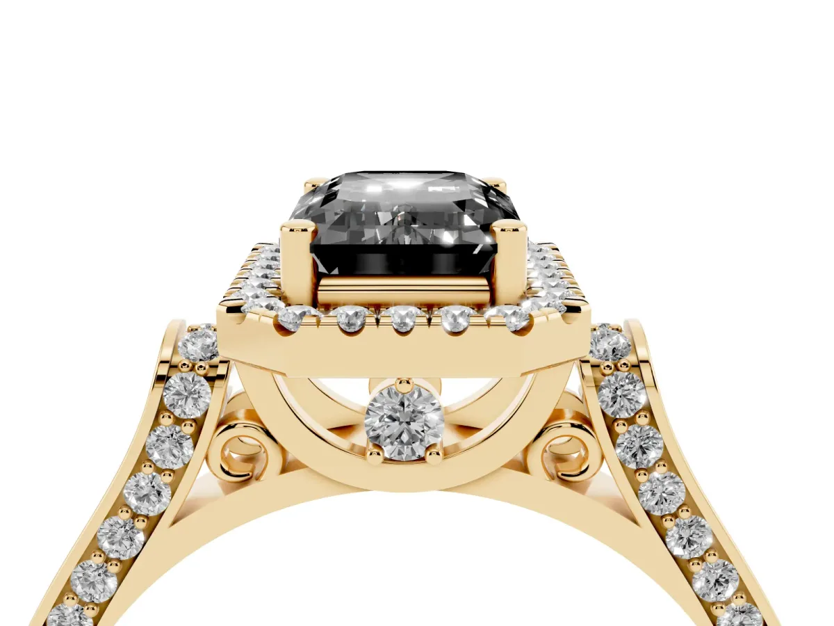 Fancy Black Emerald Cut Halo Round Diamond Twist Band with Four-Prong Setting Yellow gold
