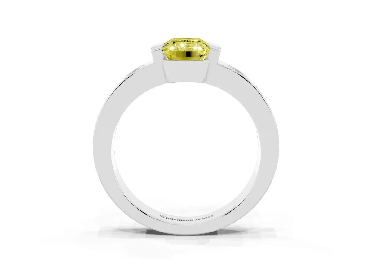 Fancy Yellow Emerald Cut Brilliant Channel-Set Diamond Ring with Bezel Prong Setting Platinum