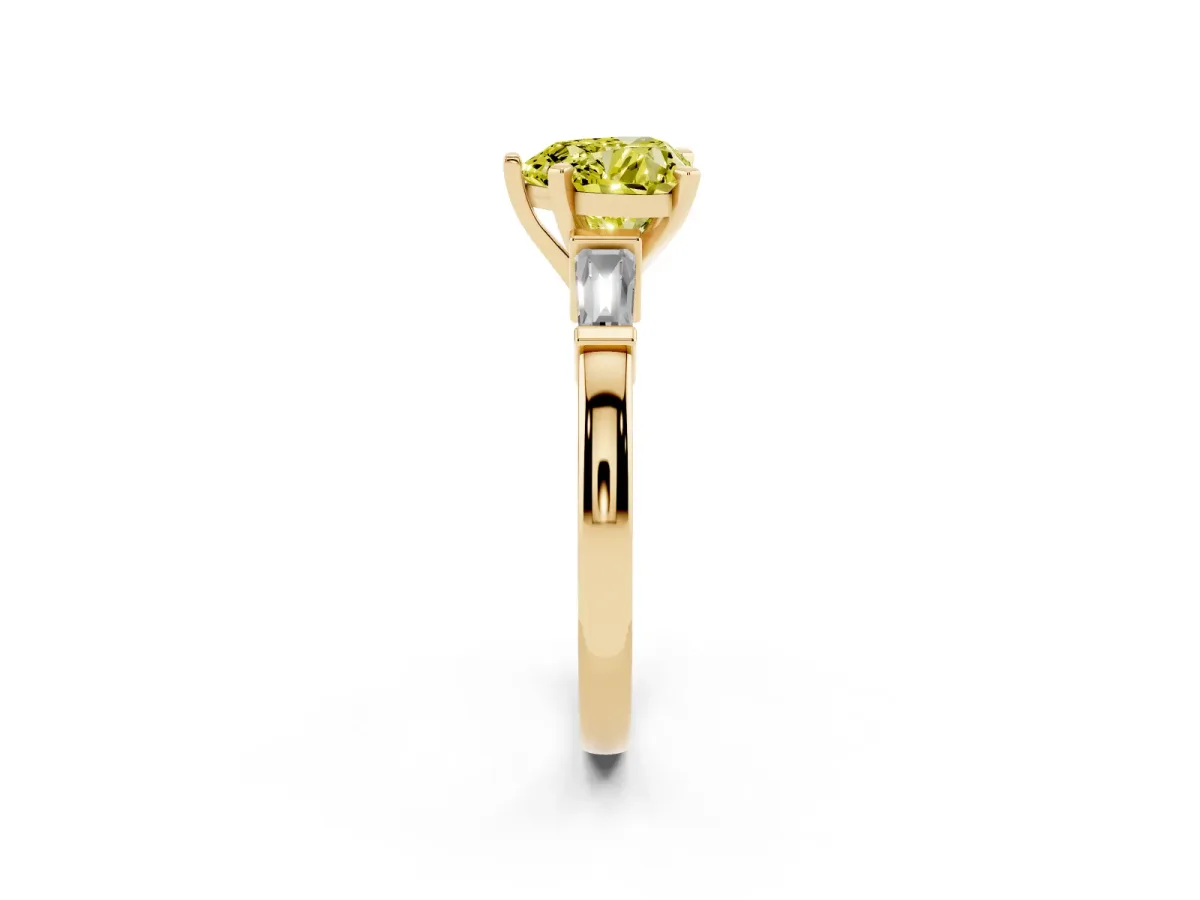 Fancy Yellow Heart Cut Cut Diamond Solitaire Ring with Tapered Baguette Accents and Four-Prong Setting Yellow gold