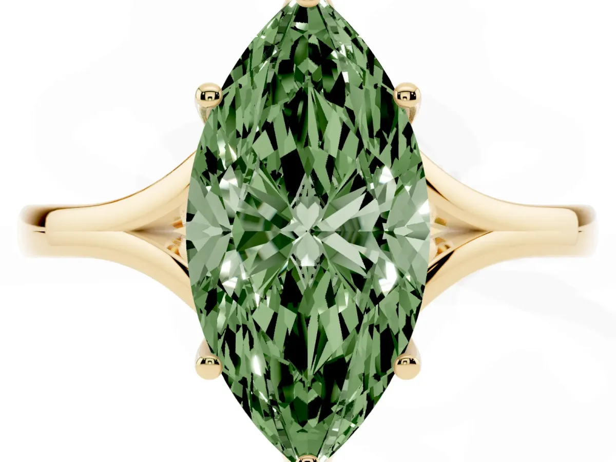 Fancy Green Marquise Cut Solitaire Diamond Ring with Six-Prong Setting and Tapered Band Yellow gold