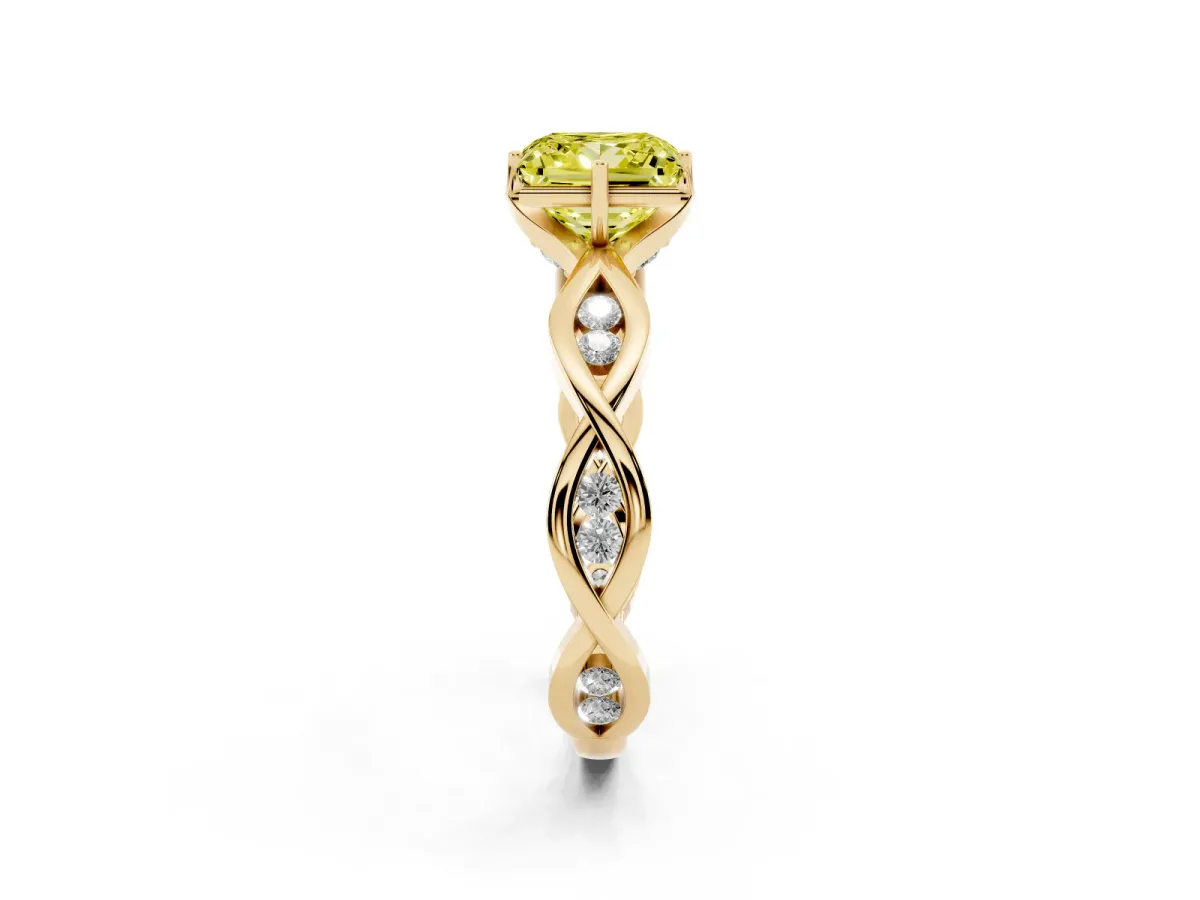 Fancy Yellow Princess Cut Solitaire Twist Band with Leaf Prong Setting Yellow gold