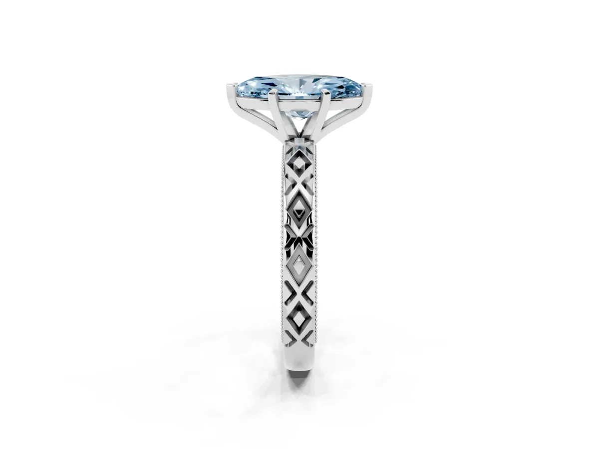 Fancy Blue Marquise Cut Solitaire Diamond Ring with Milgrain and Black Enamel X Pattern Band Platinum