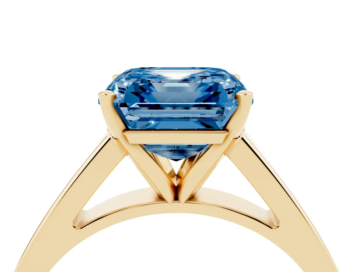 Fancy Blue Asscher Cut Solitaire Engagement Ring with Four-Prong Setting and Tapered Band Yellow gold