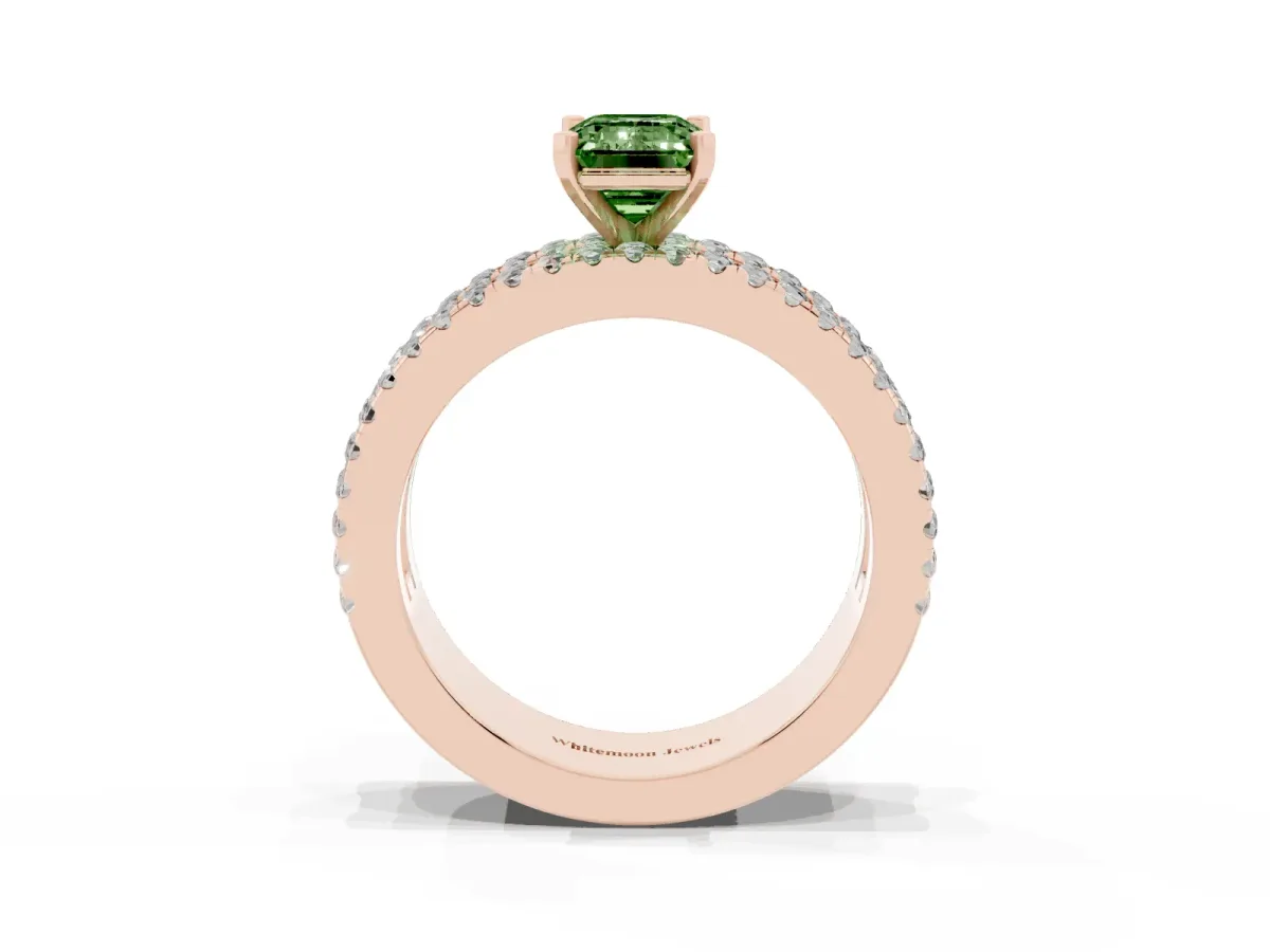 Fancy Green Emerald Cut Diamond Solitaire Ring with Pavé and Channel Set Band Rose gold