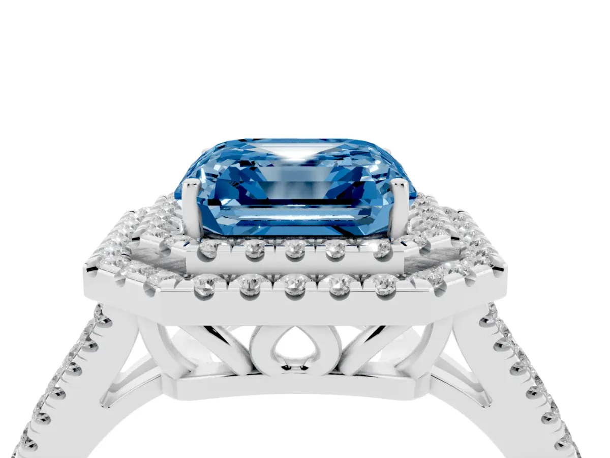 Fancy Blue Asscher Cut Diamond Double Halo Ring with Pavé Band and Prong Setting Platinum