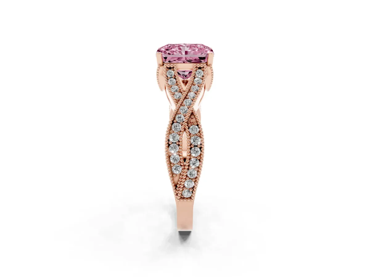 Fancy Pink Radiant Cut Cut Diamond Twisted Band with Milgrain Pave Setting and Four-Prong Setting Rose gold