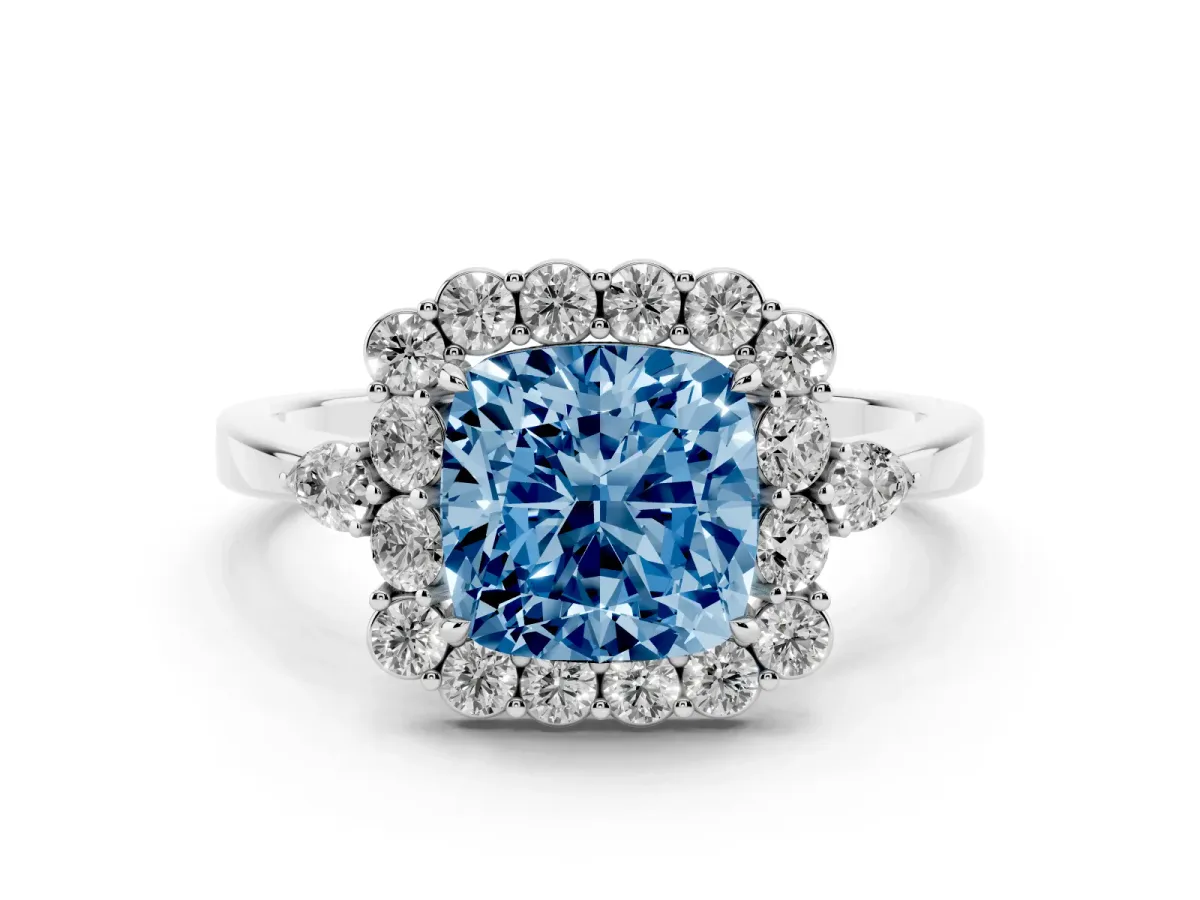 Fancy Blue Cushion Cut Diamond Halo Ring with Pear Side Stones and Prong Setting Silver
