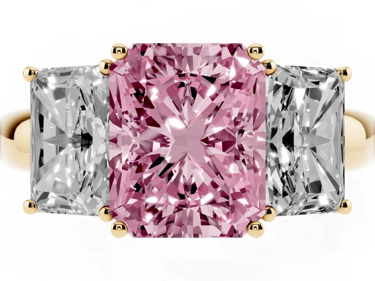 Fancy Pink Radiant Cut Diamond Three-Stone Ring with Four-Prong Setting and Classic Band Yellow gold
