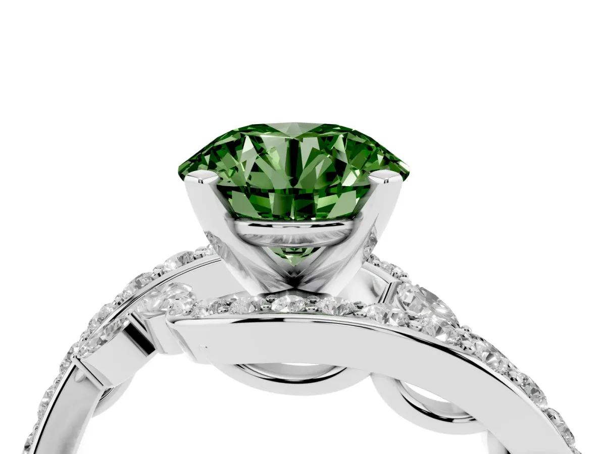 Fancy Green Round Cut Solitaire with Pavé Twist Band and Four-Prong Setting White gold