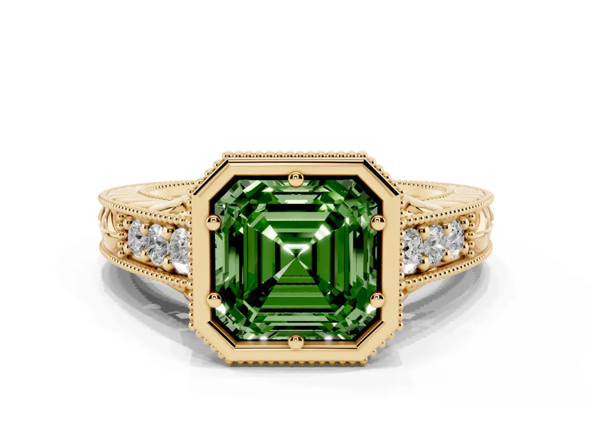 Fancy Green Bezel Set Asscher Cut Diamond Milgrain Pave Engagement Ring Yellow gold