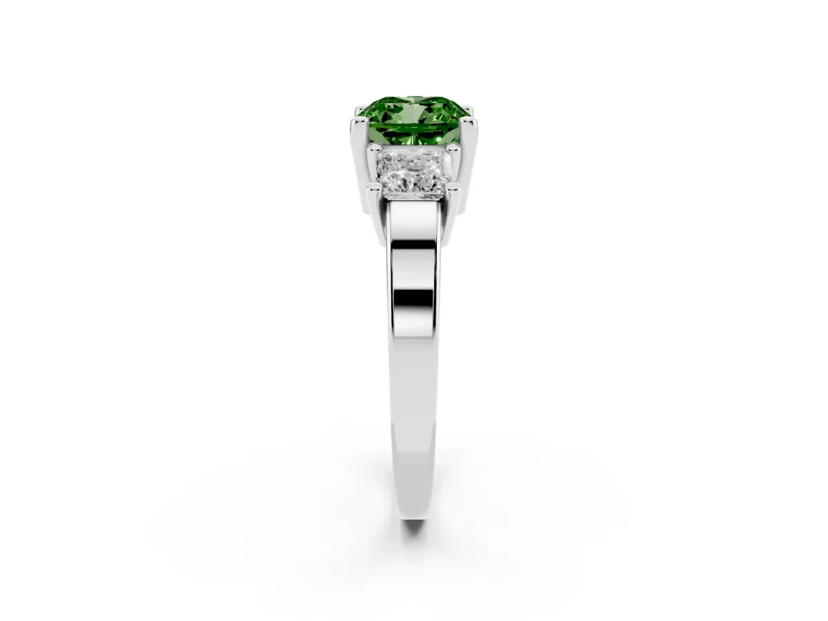 Fancy Green Three-Stone Cushion Cut Cut Solitaire Ring with Prong Setting Silver