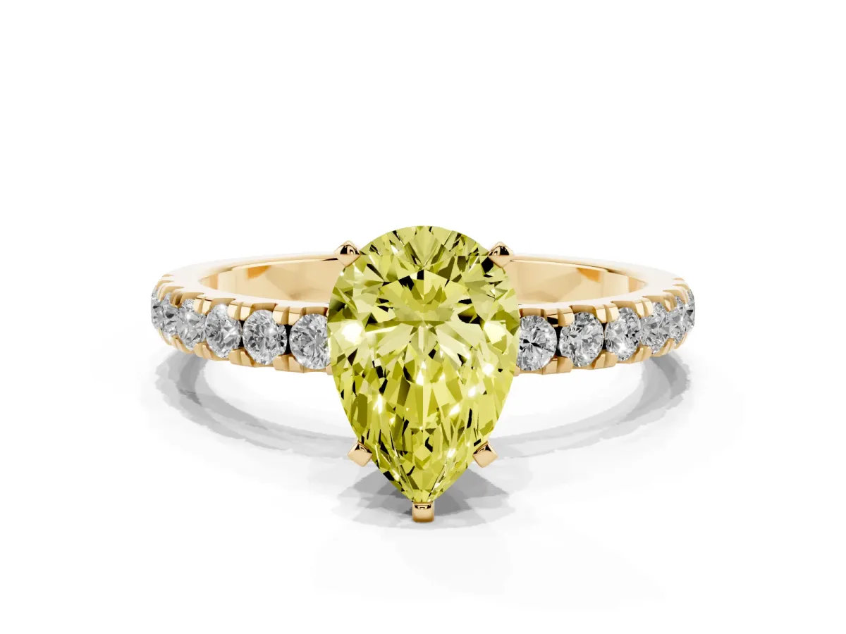 Fancy Yellow Pear Cut Diamond Solitaire Ring with Pavé Accents and Four-Prong Setting Yellow gold