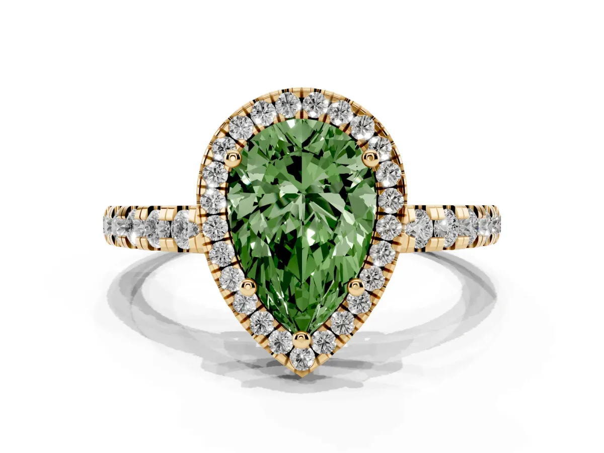 Fancy Green Pear Cut Diamond Halo Ring with Pavé Band and Four-Prong Setting Yellow gold