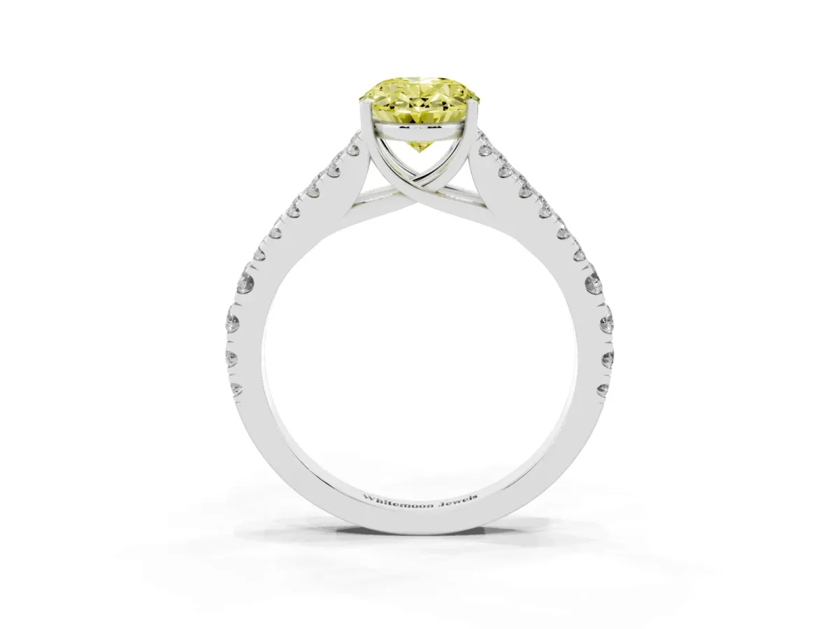 Fancy Yellow Oval Cut Diamond Split Shank Pavé Engagement Ring with Four-Prong Setting White gold
