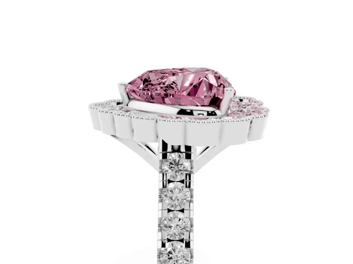 Fancy Pink Heart Cut Cut Diamond Milgrain Floral Halo Engagement Ring with Pavé Band White gold