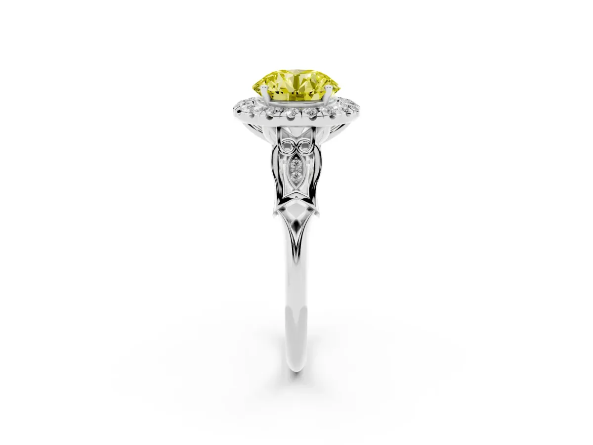 Fancy Yellow Round Cut Halo Diamond Engagement Ring with Filigree Band and Four-Prong Setting Platinum