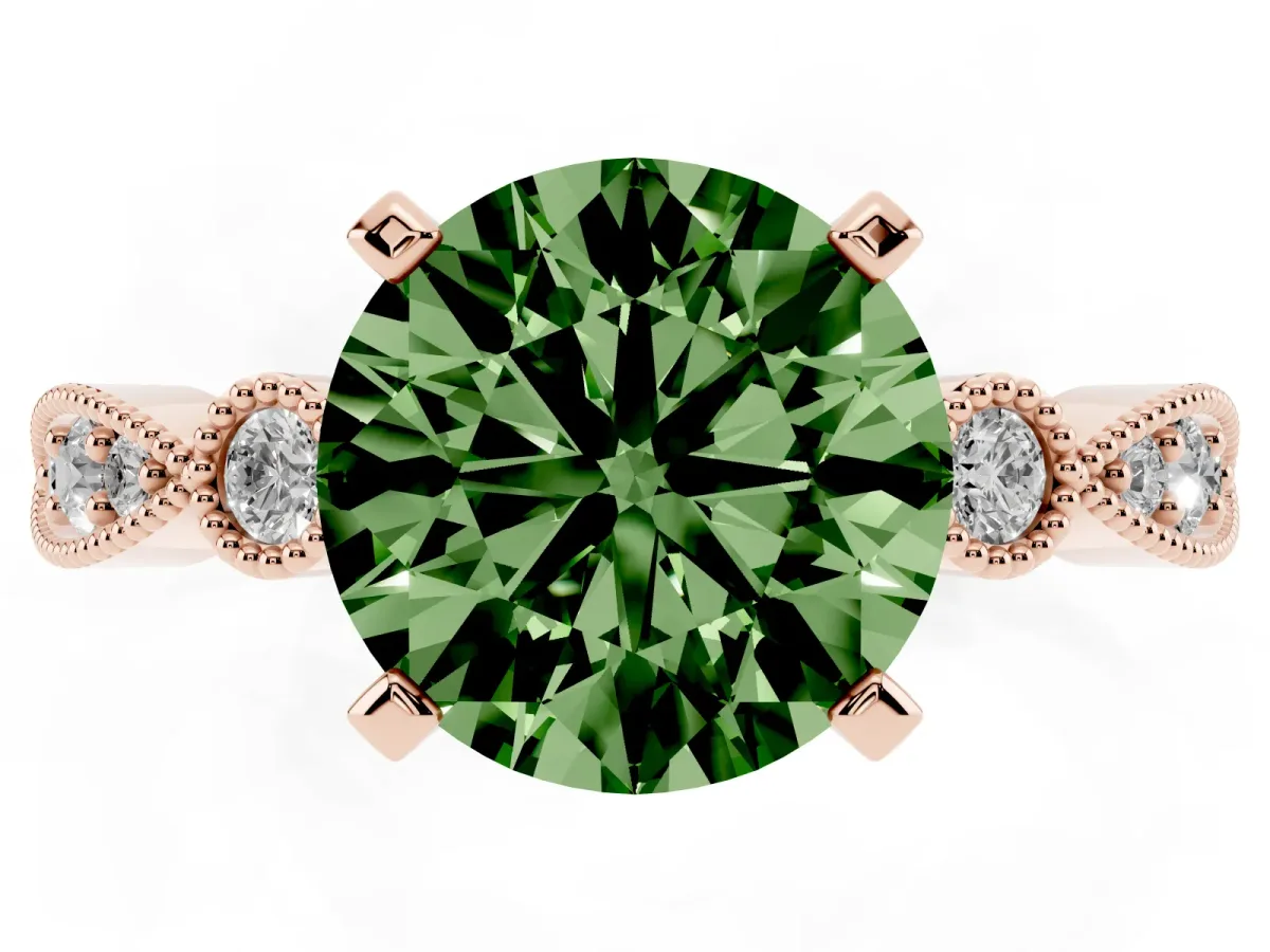 Fancy Green Round Cut Milgrain Bezel Diamond Engagement Ring with Solitaire Prong Setting Rose gold