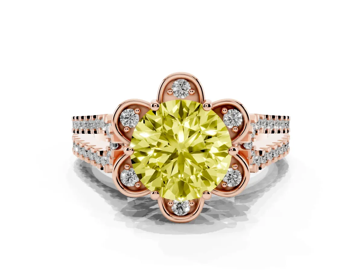 Fancy Yellow Round Cut Halo Diamond Floral Split Shank Engagement Ring Rose gold