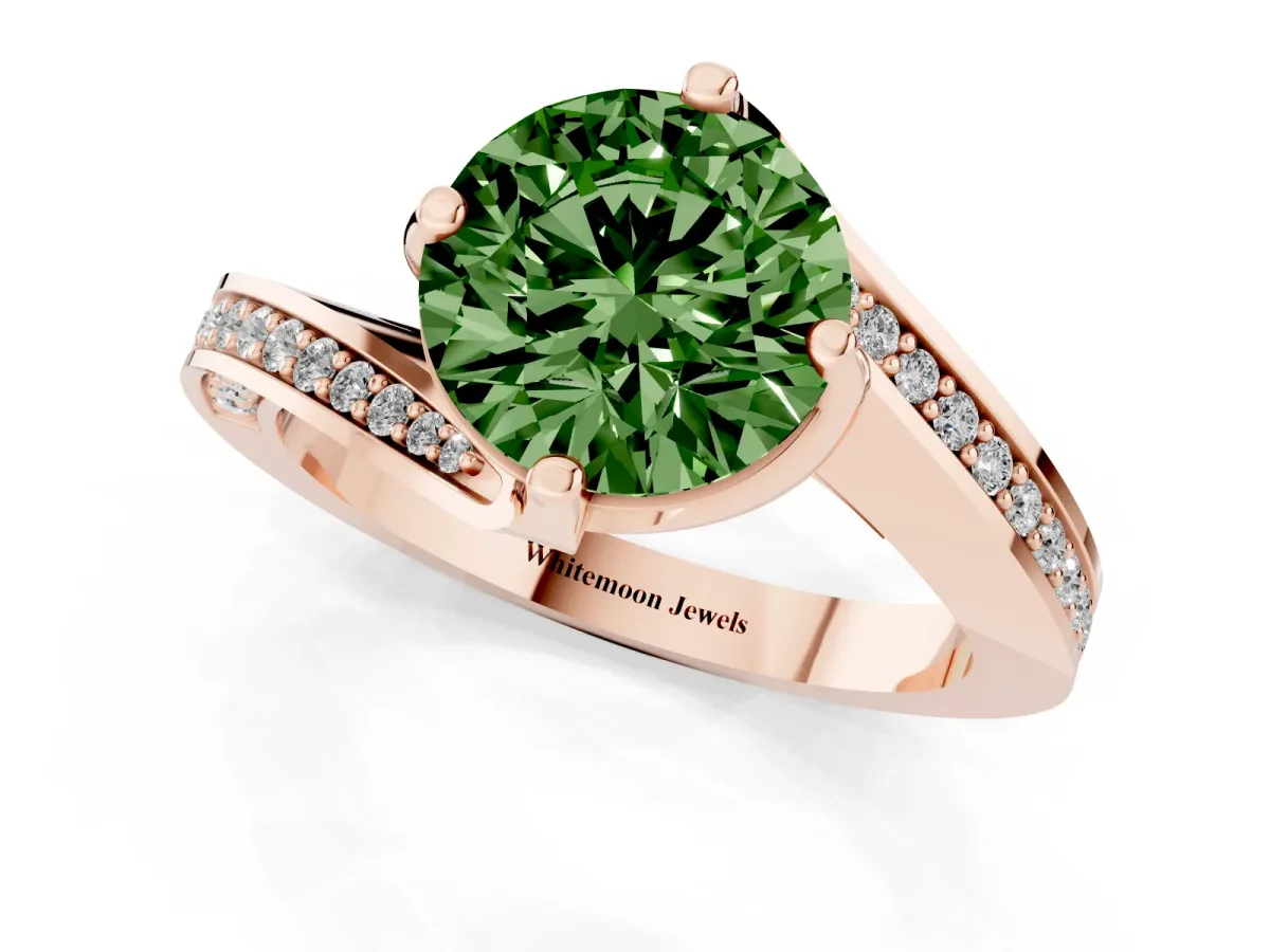 Fancy Green Round Cut Solitaire Diamond Twist Band with Pavé Setting and Four-Prong Setting Rose gold