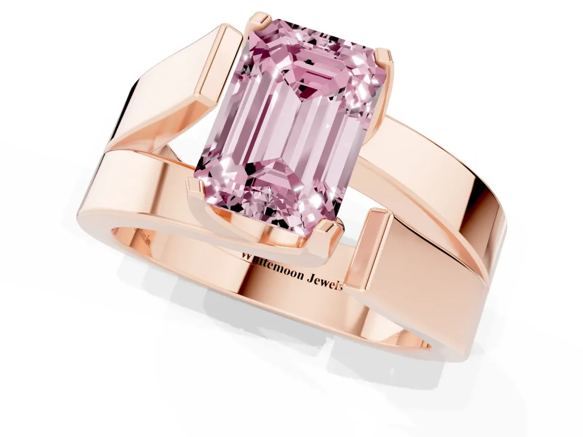 Fancy Pink Modern Tension Set Emerald Cut Diamond Solitaire Wide Band Ring Rose gold