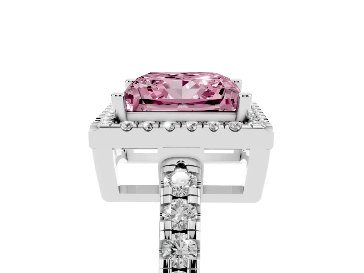 Fancy Pink Princess Cut Diamond Halo Ring with Pavé Band and Four-Prong Setting Platinum