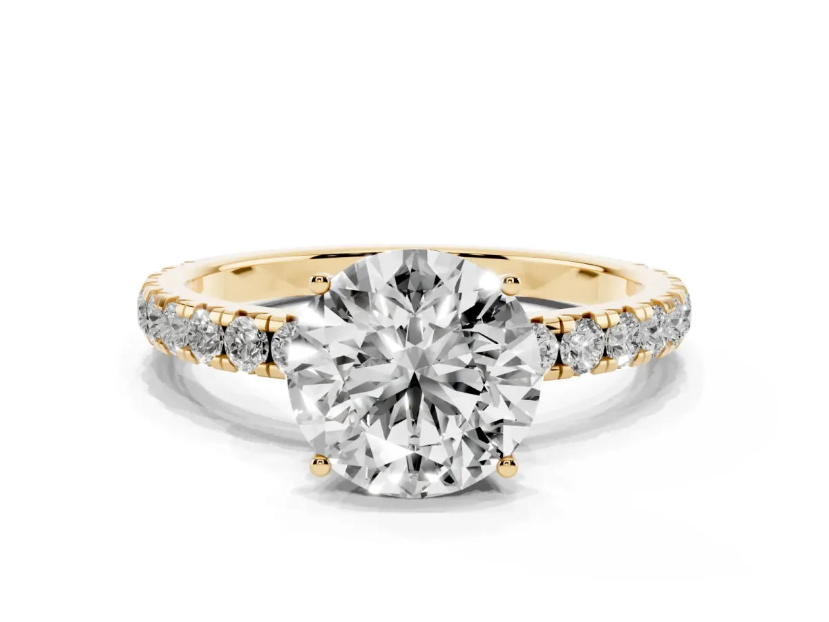 Round Cut Diamond Pavé Solitaire Engagement Ring with Four-Prong Setting Yellow gold