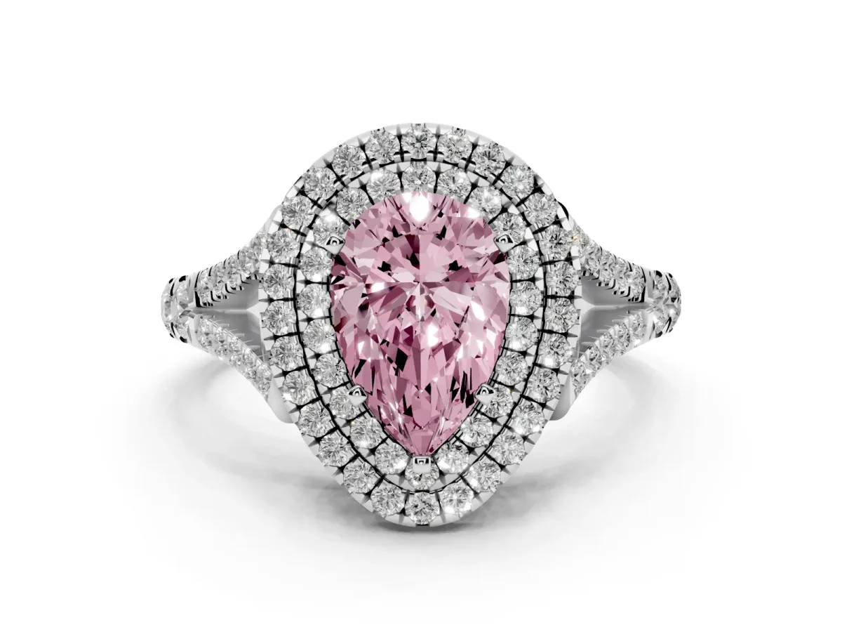 Fancy Pink Double Halo Pear Cut Diamond Split Shank Engagement Ring with Four-Prong Setting Silver