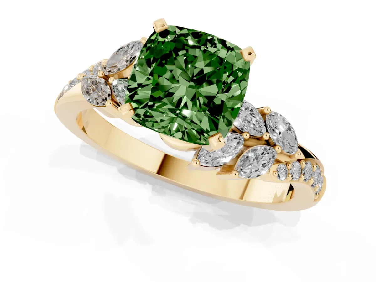 Fancy Green Cushion Cut Solitaire Marquise Twist Band with Six-Prong Setting Yellow gold