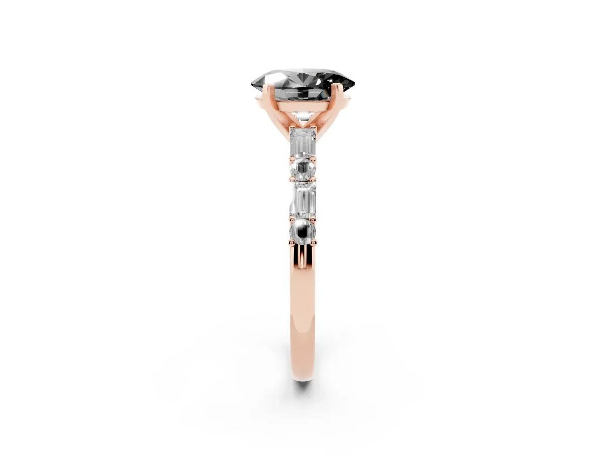 Fancy Black Oval Cut Diamond Solitaire with Side Baguettes and Channel Set Band Rose gold