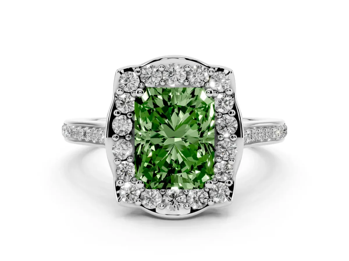 Fancy Green Radiant Cut Halo Round Diamond Pave Band with Four-Prong Setting Silver