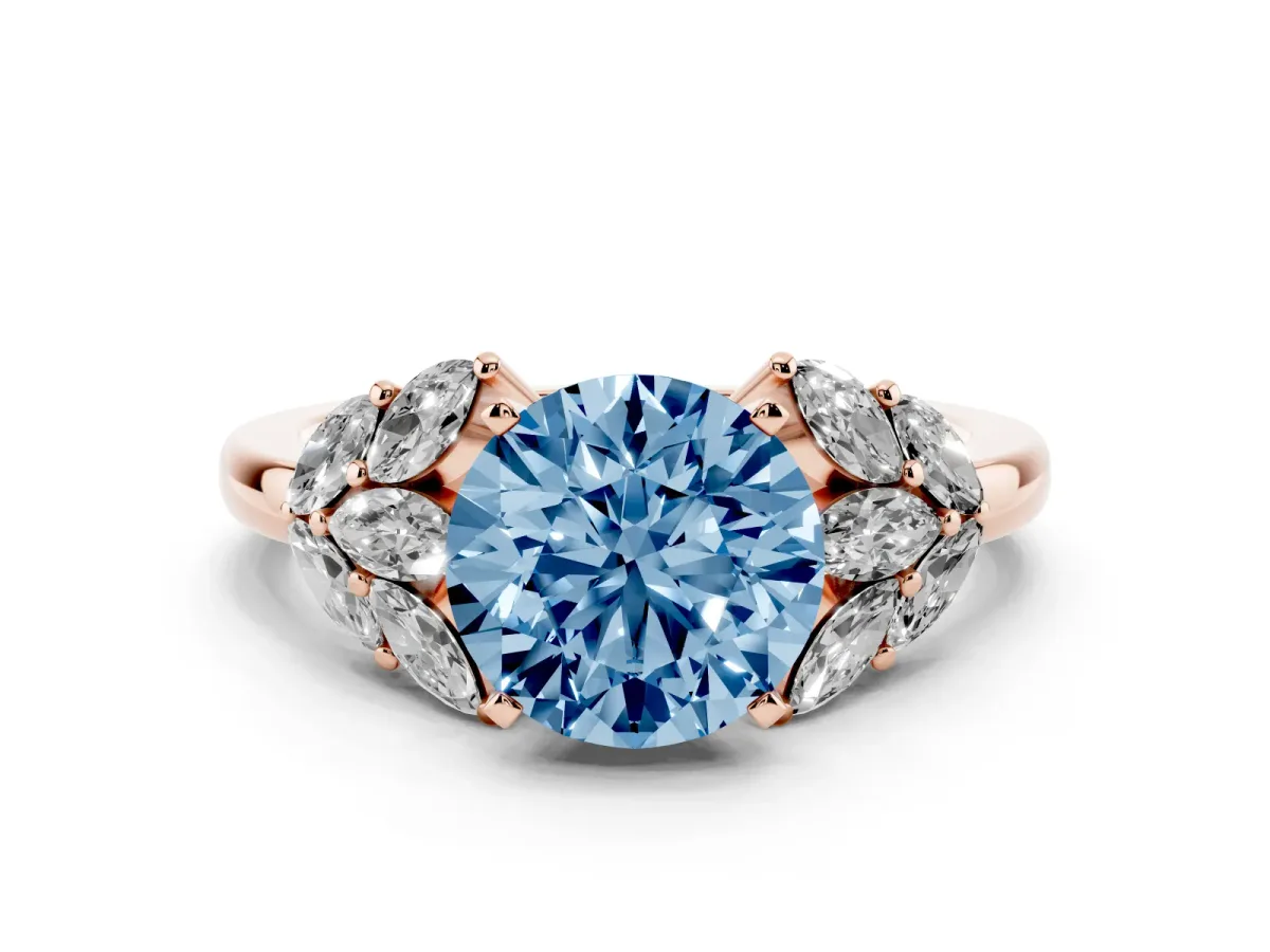 Fancy Blue Round Cut Diamond Cluster Leaf Design Ring with Prong Setting Rose gold