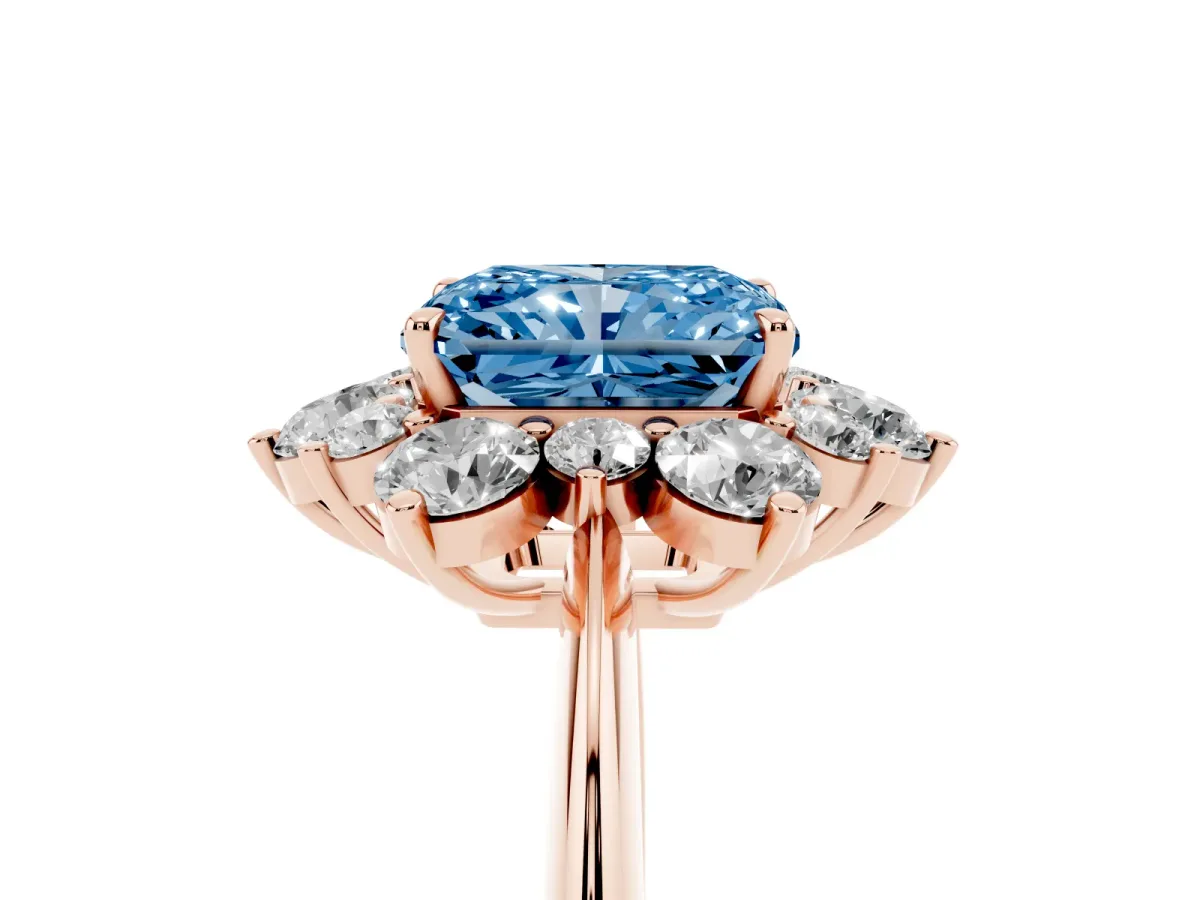 Fancy Blue Radiant Cut Diamond Cluster Halo Ring with Solitaire Band and Four-Prong Setting Rose gold