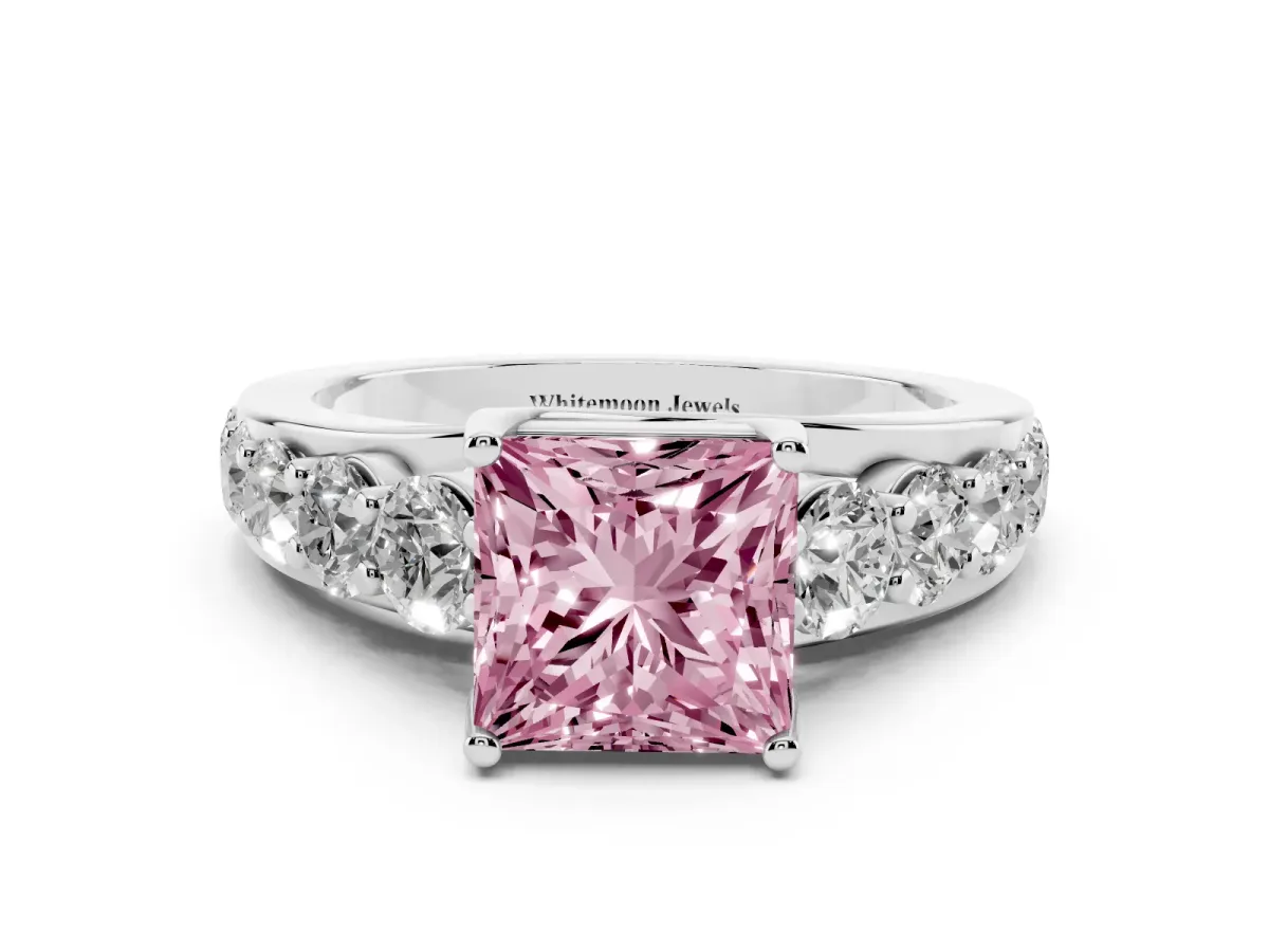 Fancy Pink Princess Cut Diamond Engagement Ring with Pavé Band and Four-Prong Setting Platinum