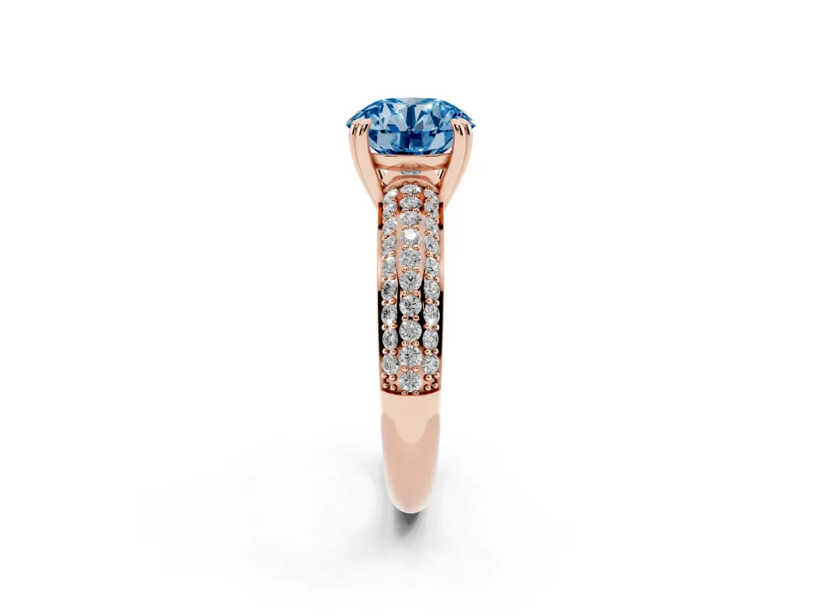 Fancy Blue Round Cut Diamond Solitaire Ring with Multi-Row Round Pavé Band and Prong Setting Rose gold