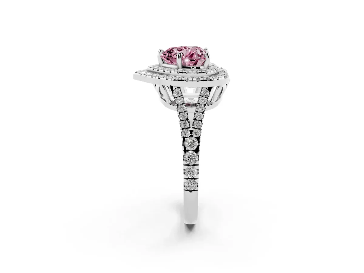 Fancy Pink Heart Cut Diamond Double Halo Ring with Pavé Band and Prong Setting Silver