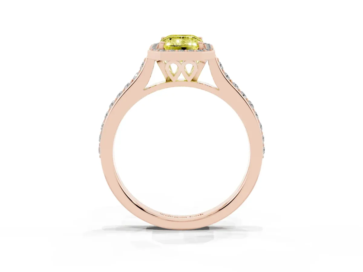 Fancy Yellow Emerald Cut Diamond Halo Engagement Ring with Round Pavé Shoulders and Prong Setting Rose gold