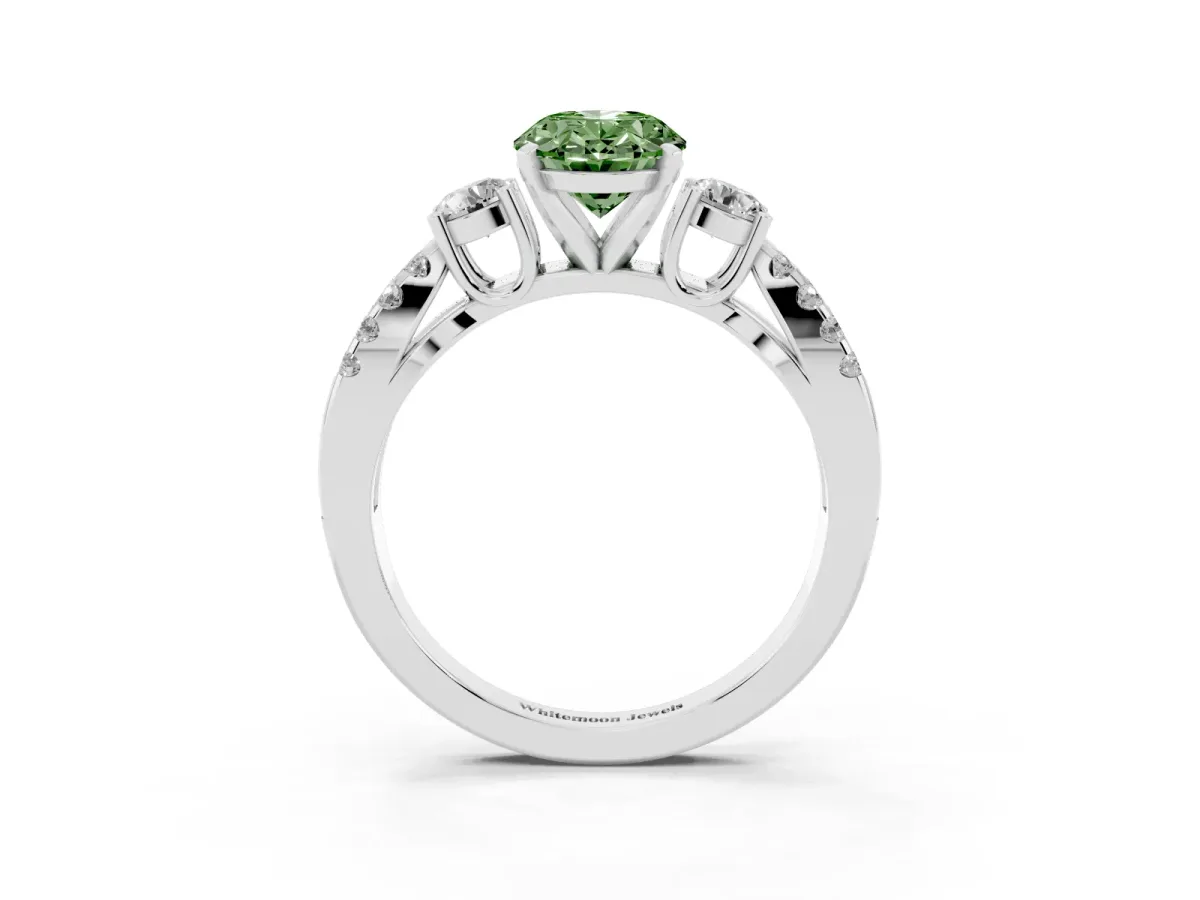 Fancy Green Oval Cut Diamond Three-Stone Ring with Pavé Split Shank and Four-Prong Setting Silver